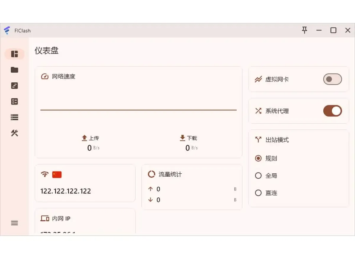 FlClash 安装后第一次打开的仪表盘,左侧是功能图标列,中间显示网络速度和流量统计,右侧是虚拟网卡、系统代理开关和出站模式选项