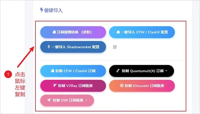 另一种机场面板的便捷导入区域,选写着 CFW / ClashX 或 Clash 字样的复制按钮。