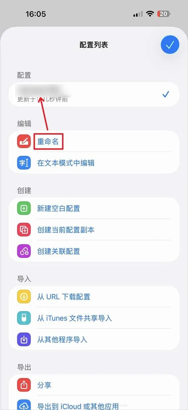 下载完成后配置列表顶部显示新配置并标注更新于几秒钟前,编辑组里的重命名按钮用红框标出。