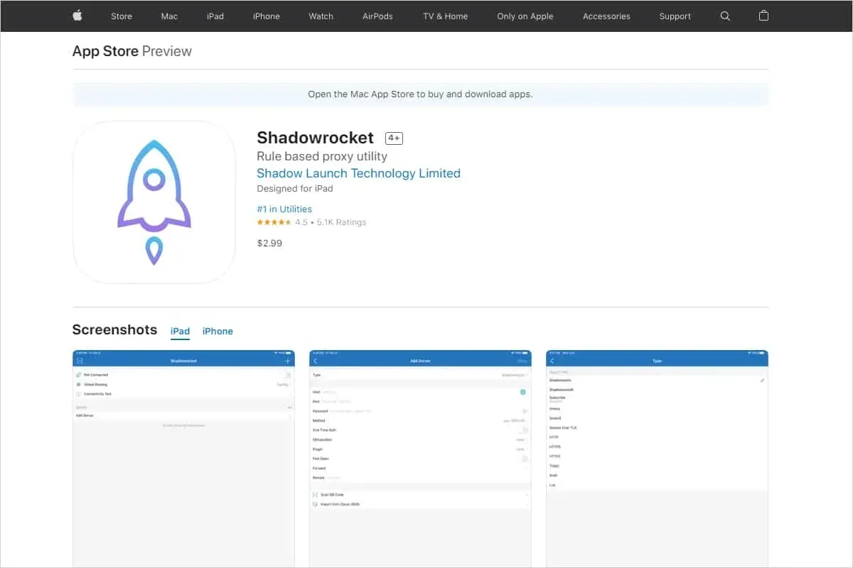 美区 App Store 网页版的 Shadowrocket 页面,开发者 Shadow Launch Technology Limited,标价 2.99 美元